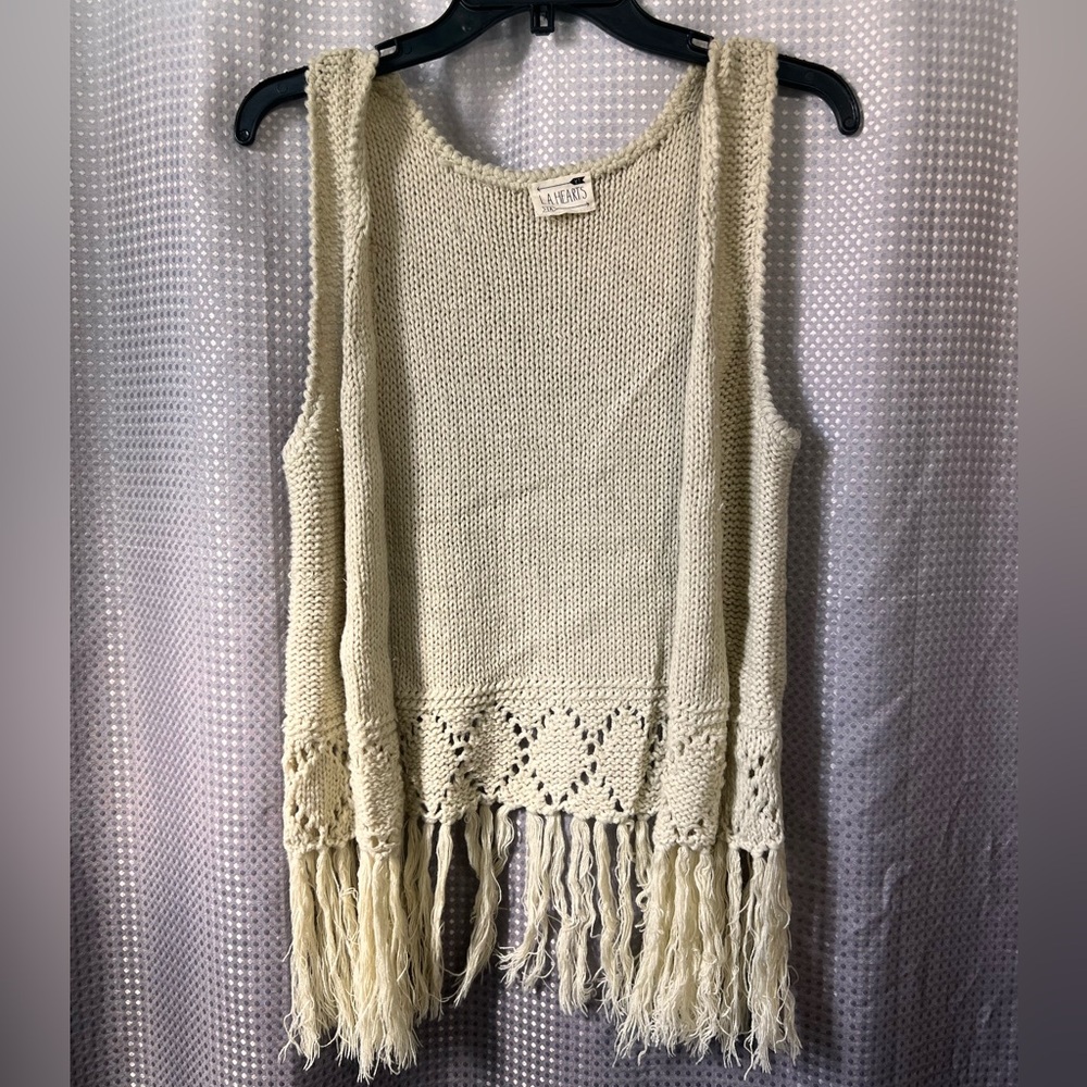 Vintage Cream Crochet Western Boho Vest with Fringe Country Rodeo Juniors Small